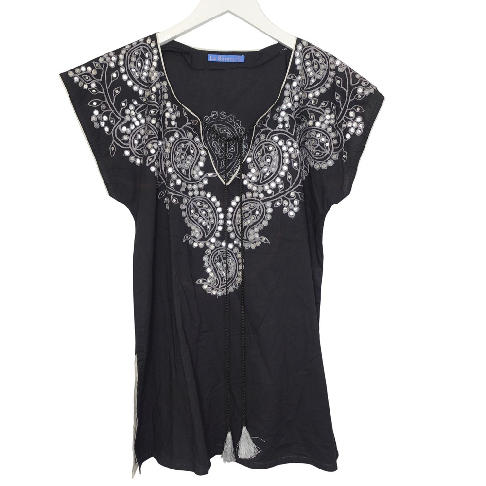 Le Soleil Tunic Womens Small Black Paisley Embroidered Mirror Tassel Boho Top